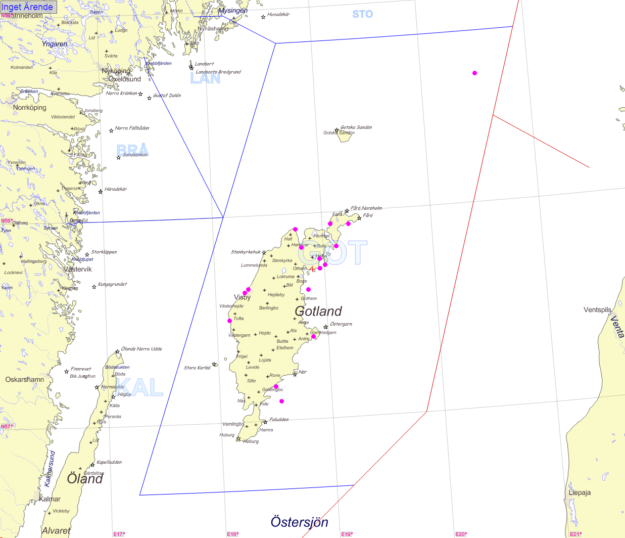 Gotlands SAR-område Karta : Gotlands SAR-område med markerade ärenden