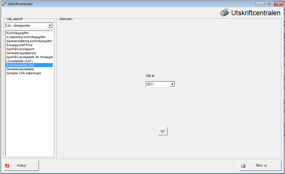10 SAF - Årsstatistik Under utskriftcentralen och menyn Lön-årsrapporter finns Årsredovisning Svenskt Näringsliv. Kontrollera att det står år 2011.