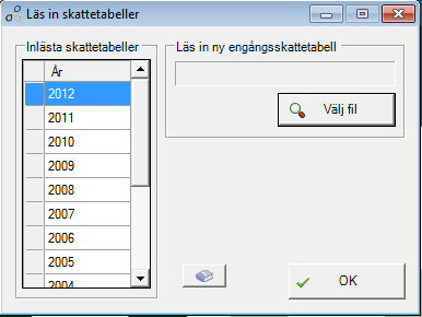 2. Importera skattetabeller för 2012 Detta måste göras innan du byter år. Innehåller nya skattetabeller för 2012 och därmed får inte någon ytterligare lön göras för 2011.