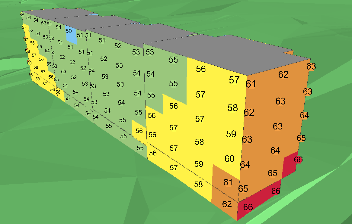 Sida 8 (12) Figur 2. Ekvivalenta ljudnivåer vid fasad (frifältsvärden, d.v.s. utan reflex i egen fasad).