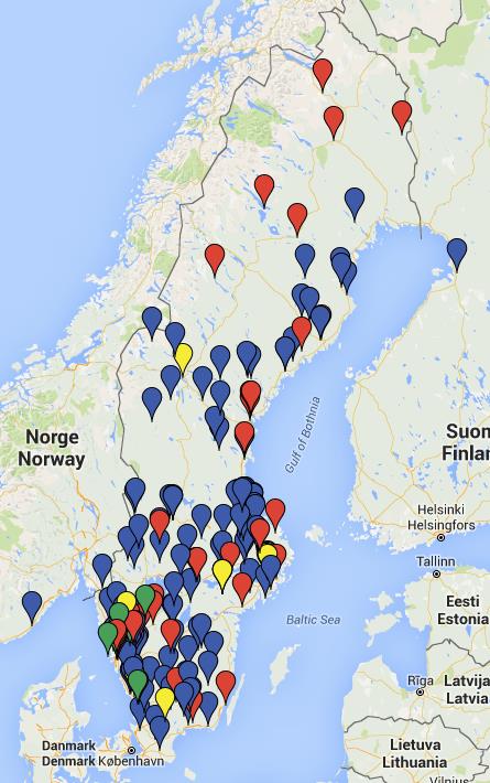 Kartan visar godkända projekt 2003-2015, ca 150 st.
