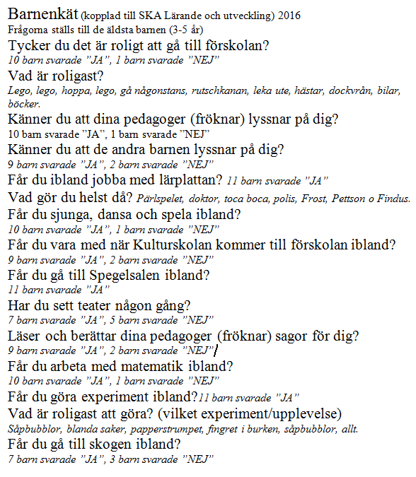 Resultatöversikt Vi upptäckte att frågorna var för svåra för en del av barnen, 3-åringarna förstod inte alltid.