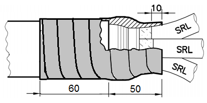 A: 3-3 6a) 4 längder FB1 4 längder FB1 Linda 4 längder fyllnadsband FB1 över kabelgrenområdet, 10 mm in på blymanteln och 10 mm ut på SRL-slangarna och 4 längder 60 mm från blymanteln.