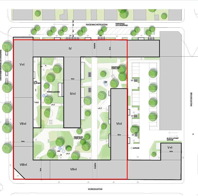 Sida 3 av 10 2.1 PLANERAD FÖRTÄTNING Den planerade byggnaden ska få 4 6 plan ovan mark och uppföras längs kvarterets södra, västra och norra sidor samt ansluta till det bevarade huset i sydöst.