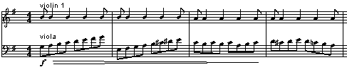 I sidotemat kombineras en skalövning i violan med synkoper i violinerna: En mjukare melodi inleder expositionens avslutning: Expositionen ska repriseras.