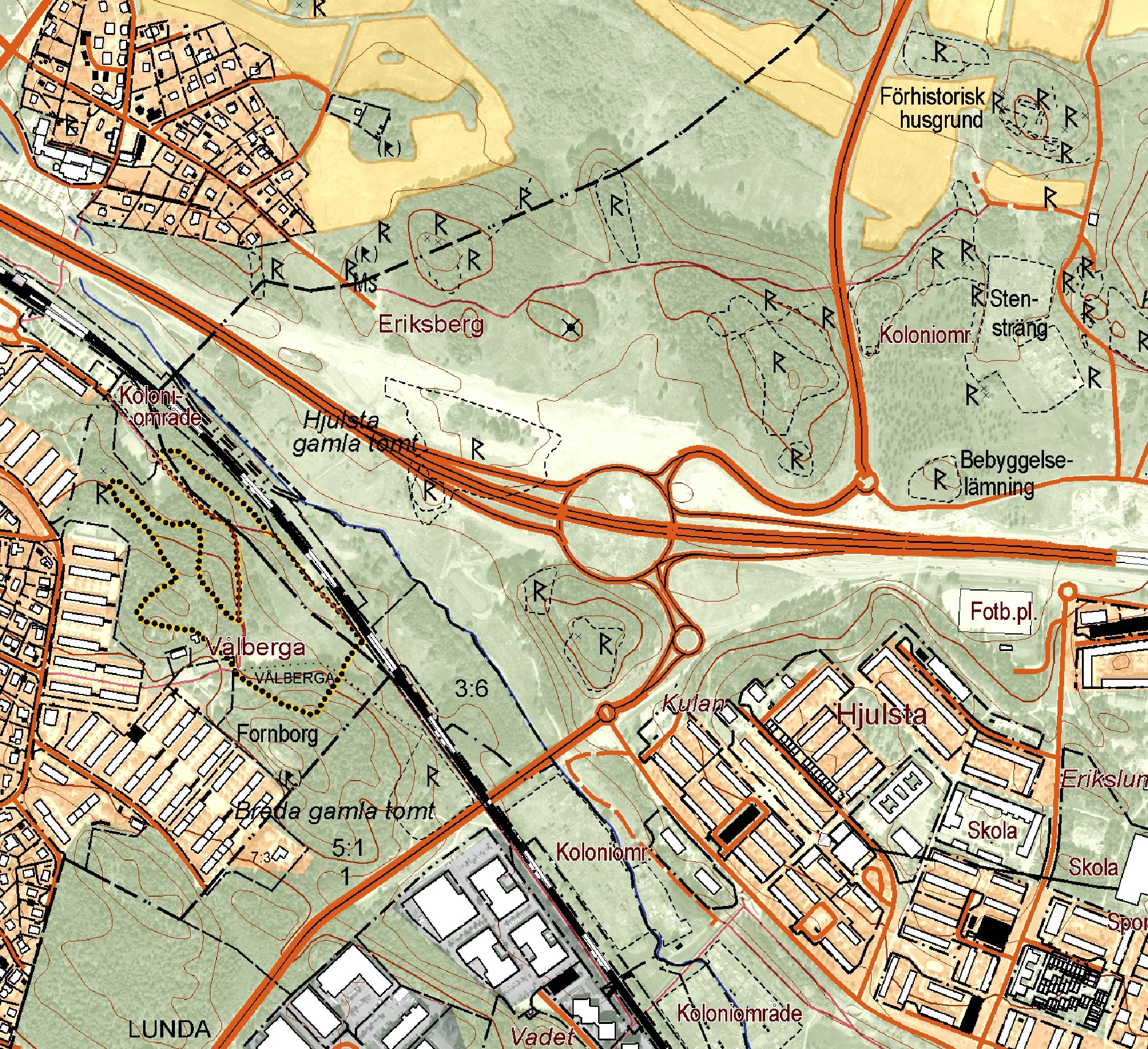 Fig 1. Fornlämningarnas läge markerade på Terrängkartan, skala 1:25 000.