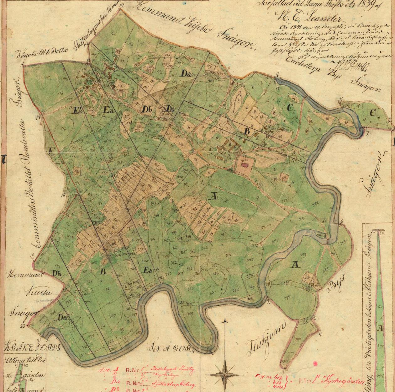 Figur 2. Inägorna till Bollebygds prästgård, Kyrkeby och Fjällastorp 1841. Bollebygdsskolans nuvarande läge är markerat med pil. Stenvalvsbron vid skolan finns utritad på kartan NO om pilspetsen.