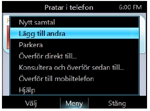 Parkera pågående samtal och ringa ett annat 1. Från Inkommandevyn, välj Meny och Nytt Samtal. Ditt pågående samtal är parkerat. 2. Knappa in nytt nummer, eller välj från kontakter och välj Ring.