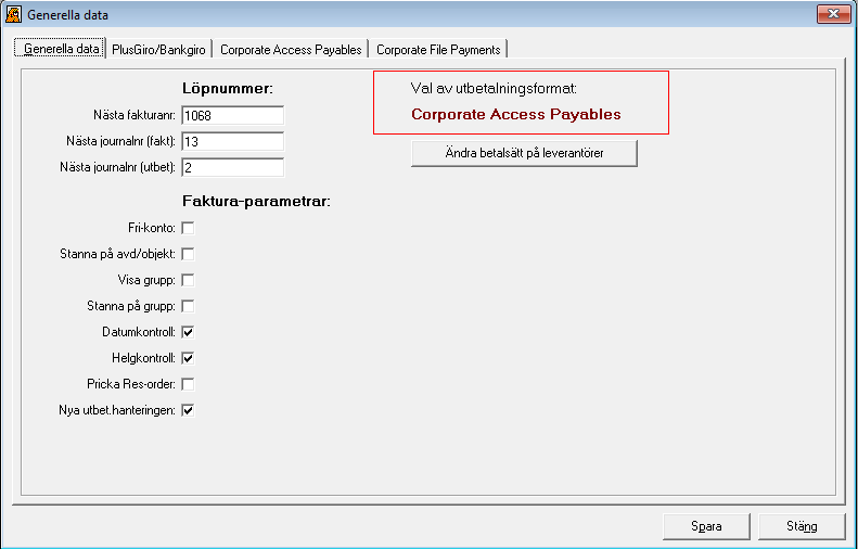 Corporate Access Payables På tredje fliken i Generella data måste fältet Corporate Access Payables markeras för att filformatet ska väljas och tjänsten aktiveras i Rebus.