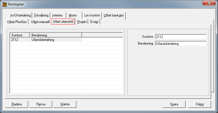 Kontoplan Om ni inte tidigare har arbetat med utlandsbetalningar via fil måste ni säkerställa att det i kontoplanen finns ett utbetalningskonto för det. Det läggs in i fliken Utbet utlandsfil.