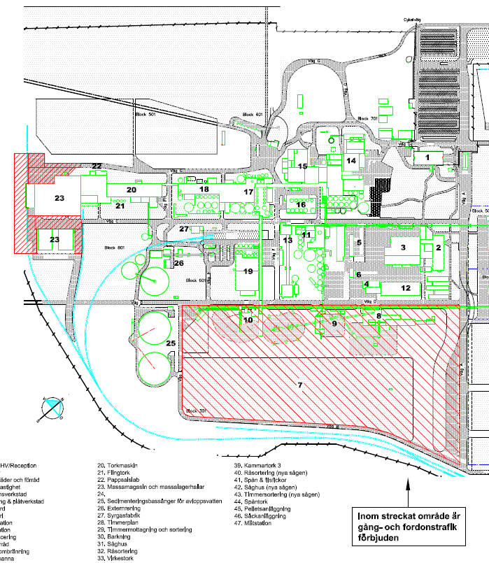 Situationsplan - Trafikregler 1. FoU, FHV, recept ion 2. Kont or 3. Verkst äder och f örråd 4. Bygg/f ast ighet 5. Fordonsverkst ad 6. Isolering & plåt verkst ad 7. Vedgård 8. Renseri 9.