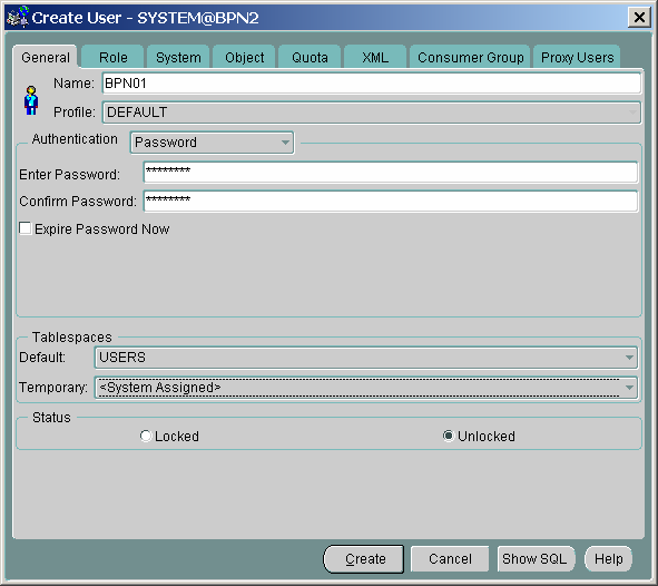 Expandera grenen Security och markera grenen Users. Högerklicka sen på Users och välj Create från menyn som visas. Fyll i namn på användarkonto (t.ex.