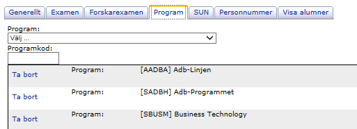 Grupper Grupper = Utbildningsgrupper i Sök. De är uppbyggda på ladokkoder för examen och program samt i vissa fall personnummer. Föreningar = Alumn- och studentföreningar.