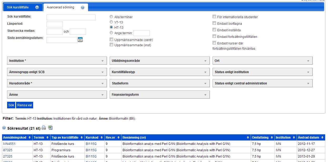 2014-03-21 1.0 20 (34) Valen, eller de filter man valt att söka på, visas ovanför sökresultatet där även antalet träffar presenteras.