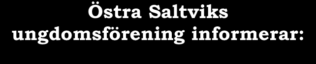 431 620 senast samma dag före kl. 11.00. Roland eller Lotta kör som vanligt. Alla hjärtligt välkomna! Östra Saltviks ungdomsförening informerar: Östra Saltviks ungdomsförening r.f. M Å N A D S M Ö T E på Högtomt söndag 6 oktober kl.