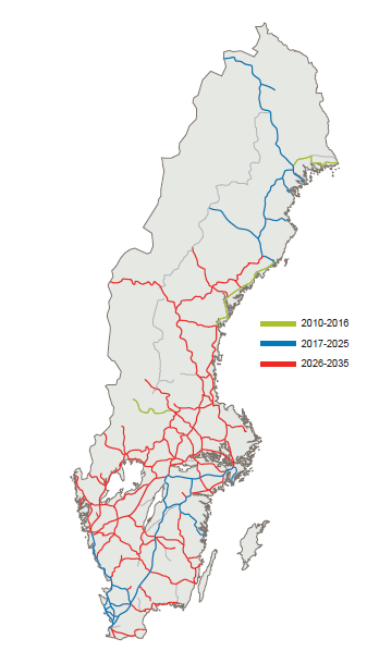Figur 1 är karta över Sverige som åskådliggör de tre pilotbanorna som finns idag, grön sträckning.
