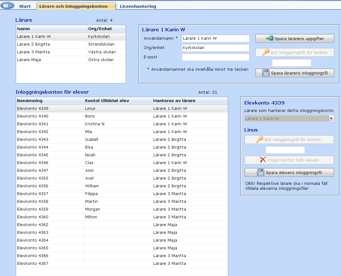 4 Hur administratören tilldelar lärare ID-filer och omfördelar elevkonton För att en lärare ska kunna använda programmet måste administratören ge läraren en inloggningsfil.
