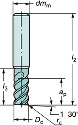 RÄSNIN CoroMill Plura Pinnfräs för finbearbetning Icke centrumskärande Hårdhet <48HRc ROT - SW Spiralvinkel: -50 Toleranser: D c : h10 dm m :h6 Tumutförande Dimensioner, tum P M K S C C C C D c mm D