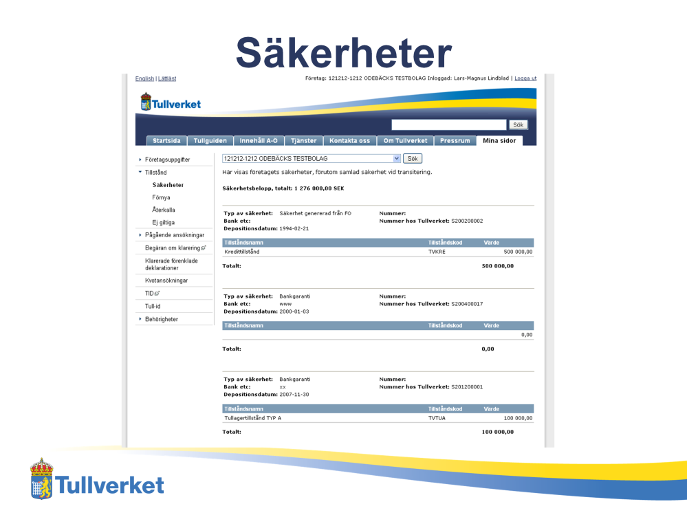 Här visas företagets säkerheter, förutom samlad säkerhet vid transitering. Om du har behörighet till Säkerheter kan du få information om företagets ställda säkerheter.