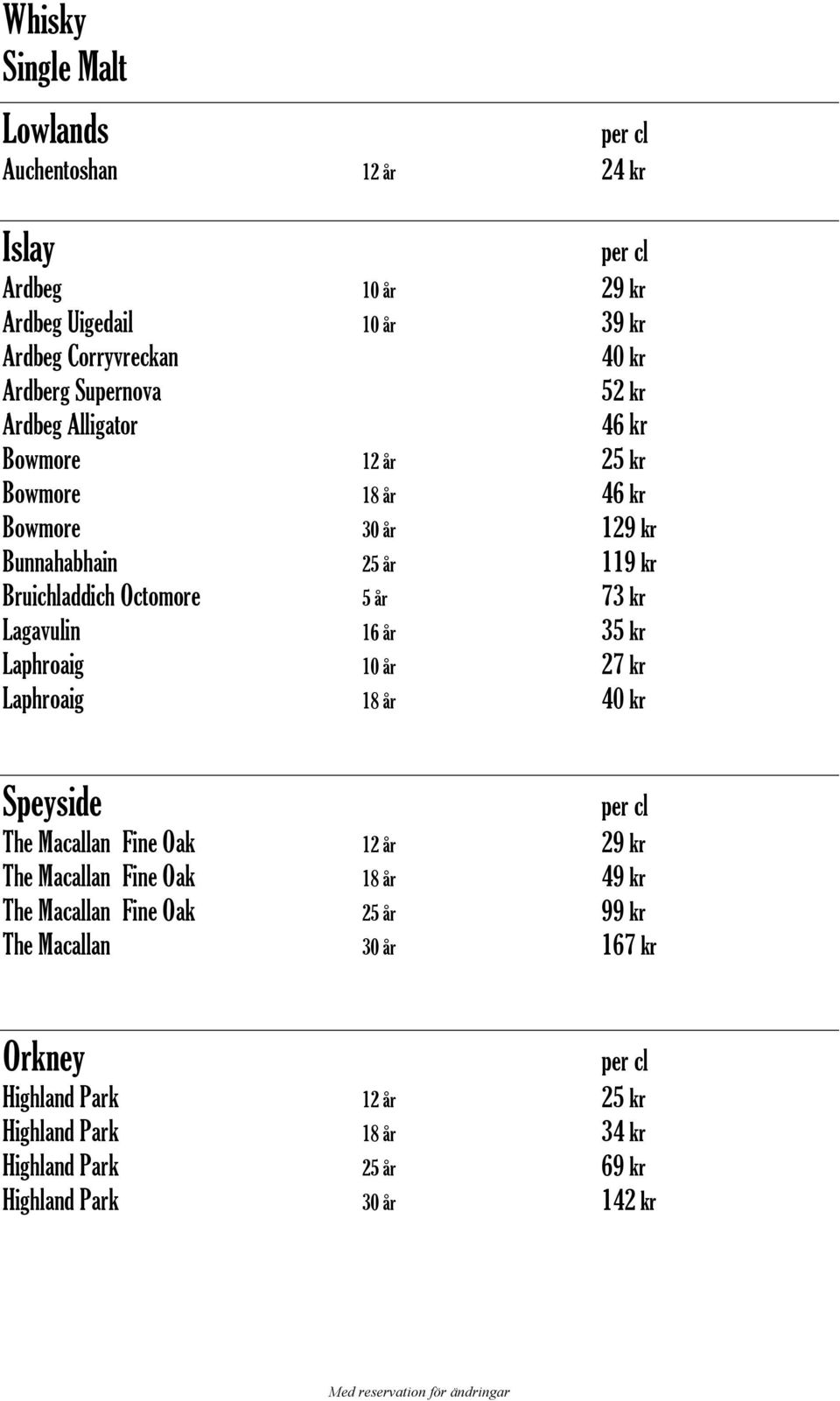 16 år 35 kr Laphroaig 10 år 27 kr Laphroaig 18 år 40 kr Speyside The Macallan Fine Oak 12 år 29 kr The Macallan Fine Oak 18 år 49 kr The Macallan Fine