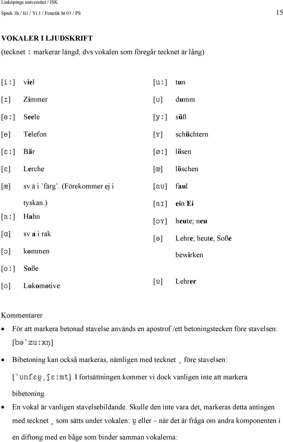 ) Hahn sv a i rak kommen Soße Lokomotive [ai] ein Ei [çy] heute; neu [ ] Lehre; heute, Soße bewirken [å] Lehrer Kommentarer För att markera betonad stavelse används en apostrof /ett betoningstecken