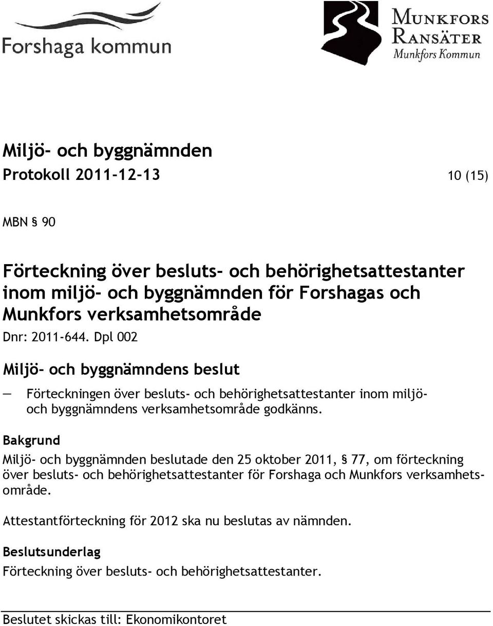 Bakgrund Miljö- och byggnämnden beslutade den 25 oktober 2011, 77, om förteckning över besluts- och behörighetsattestanter för Forshaga och Munkfors