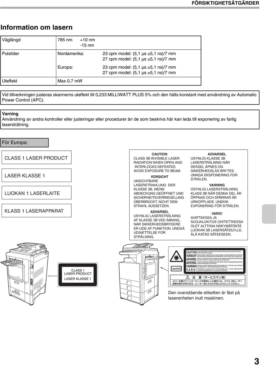 Power Control (APC). Varning Användning av andra kontroller eller justeringar eller procedurer än de som beskrivs här kan leda till exponering av farlig laserstrålning.