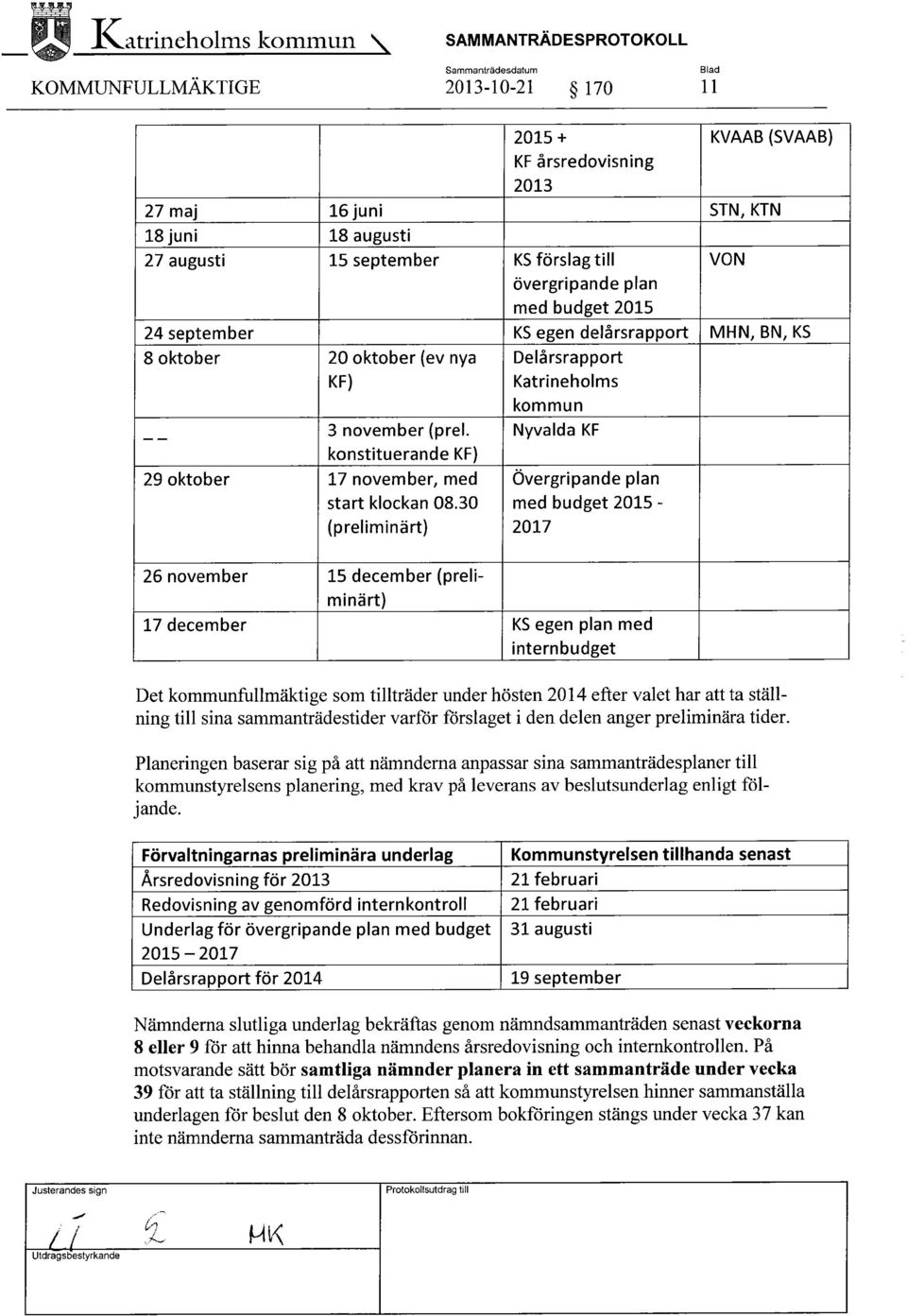 övergripande plan med budget 2015 24 september KS egen delårsrapport MHN, BN, KS 8 oktober 20 oktober (ev nya Delårsrapport KF) Katrineholms kommun 3 november (prel.