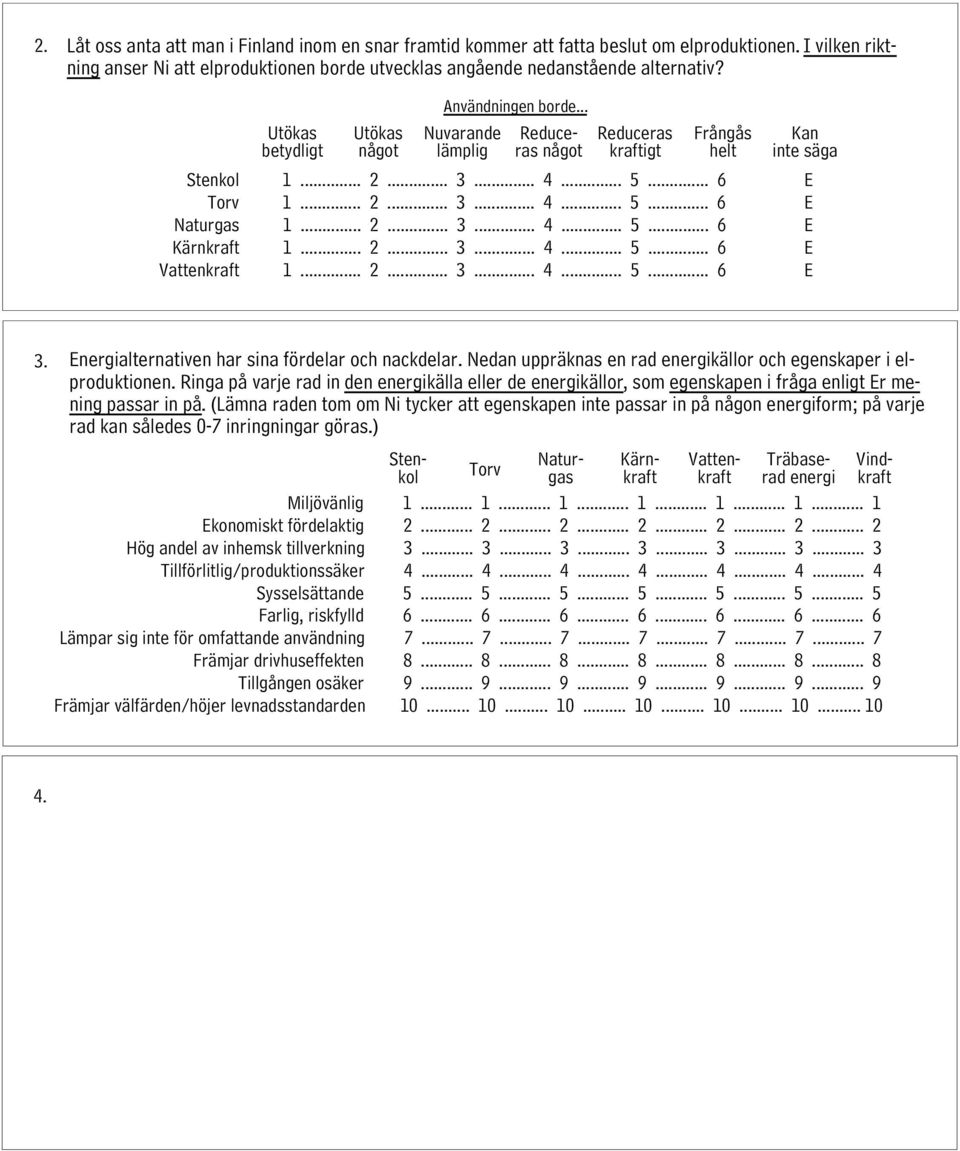 .. 2... 3... 4... 5... 6 E Kärnkraft 1... 2... 3... 4... 5... 6 E Vattenkraft 1... 2... 3... 4... 5... 6 E 3. Energialternativen har sina fördelar och nackdelar.