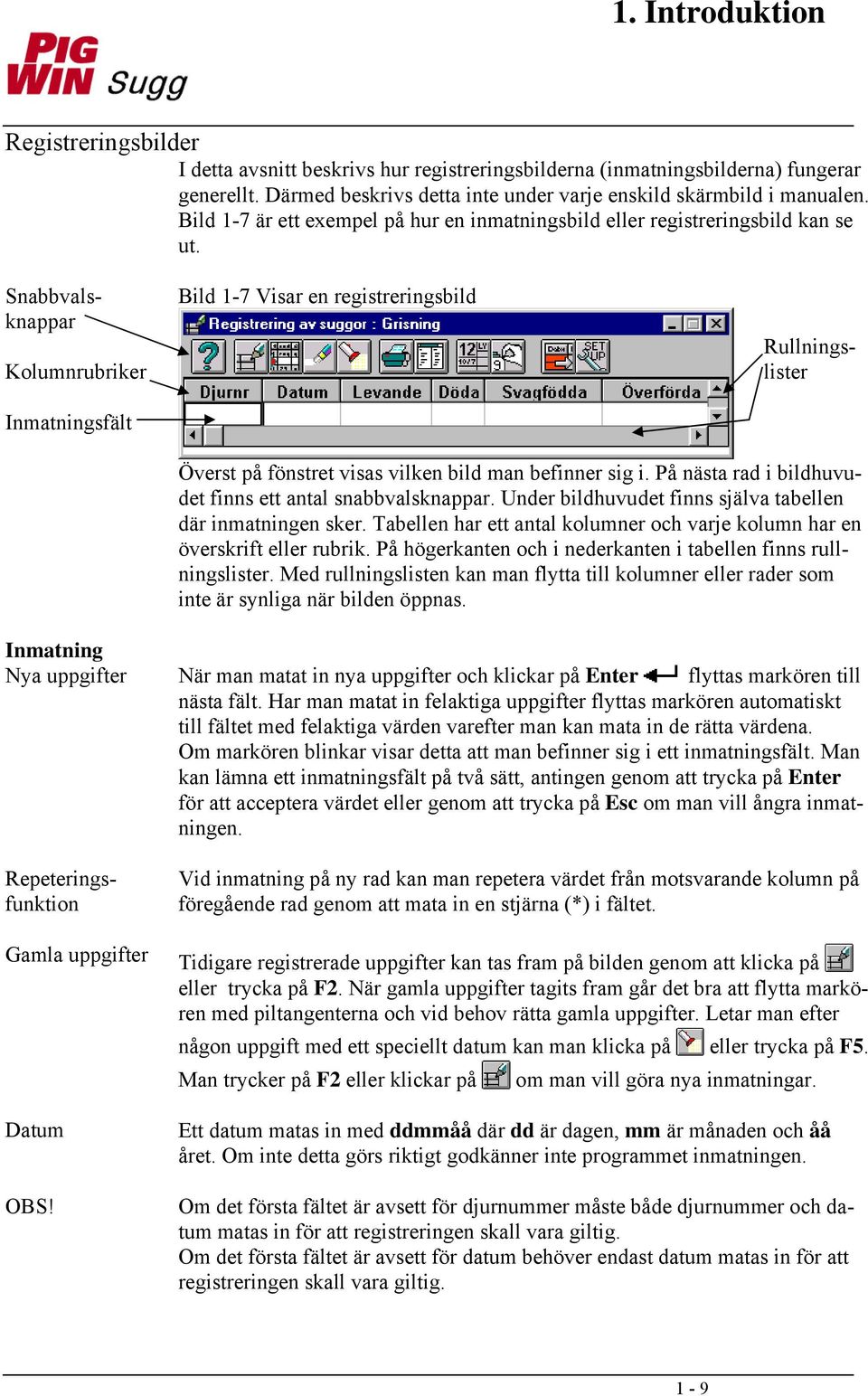 Snabbvalsknappar Kolumnrubriker Inmatningsfält Bild 1-7 Visar en registreringsbild Rullningslister Överst på fönstret visas vilken bild man befinner sig i.