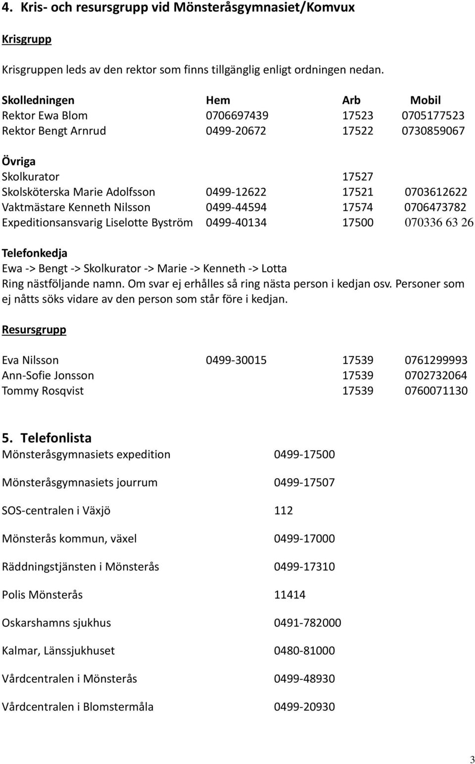 0703612622 Vaktmästare Kenneth Nilsson 0499 44594 17574 0706473782 Expeditionsansvarig Liselotte Byström 0499 40134 17500 070336 63 26 Telefonkedja Ewa > Bengt > Skolkurator > Marie > Kenneth > Lotta