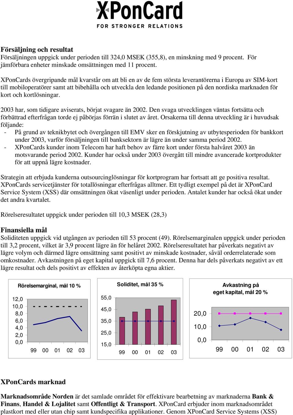 marknaden för kort och kortlösningar. 2003 har, som tidigare aviserats, börjat svagare än 2002.