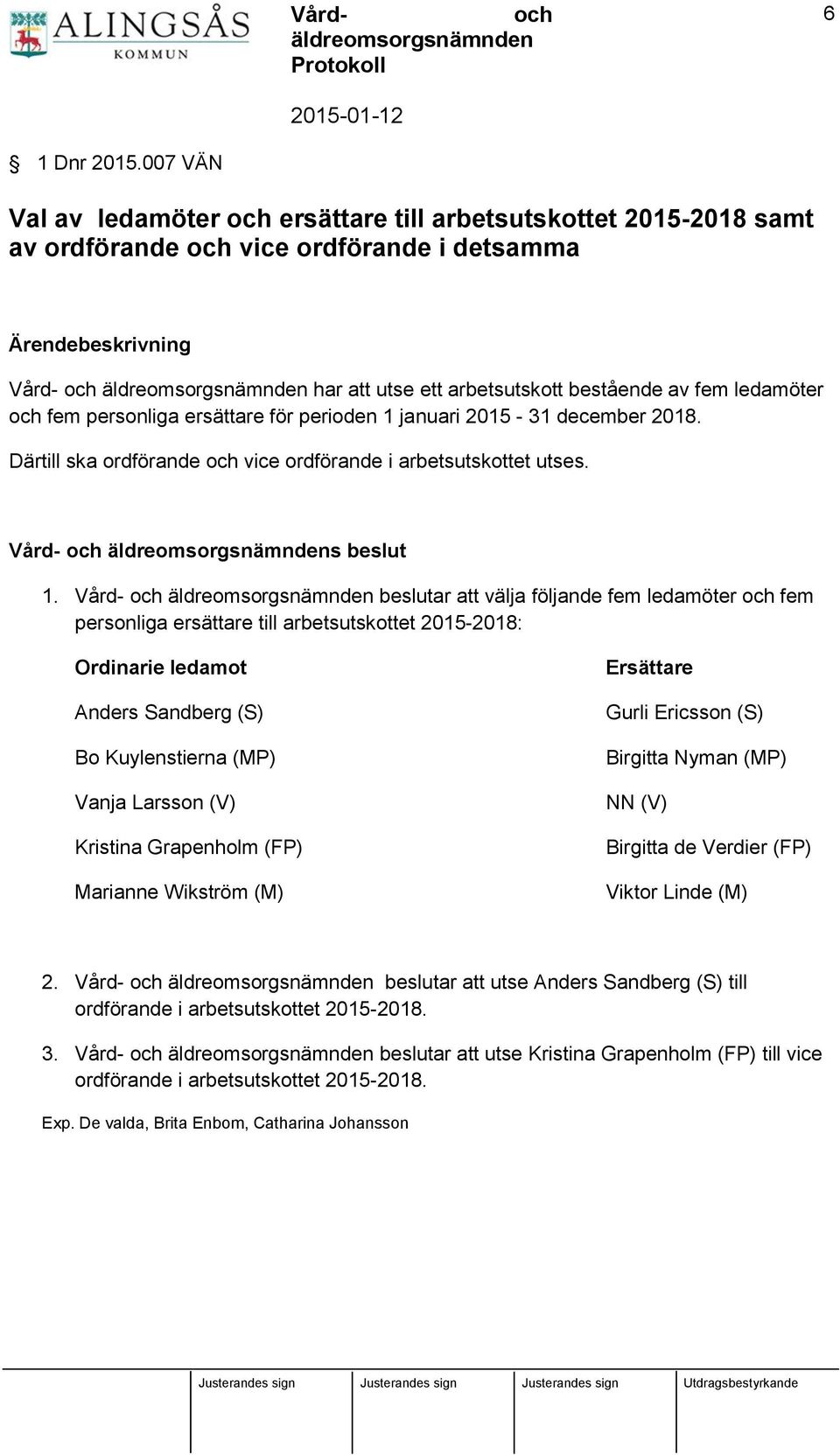 personliga ersättare för perioden 1 januari 2015-31 december 2018. Därtill ska ordförande vice ordförande i arbetsutskottet utses. Vård- s beslut 1.