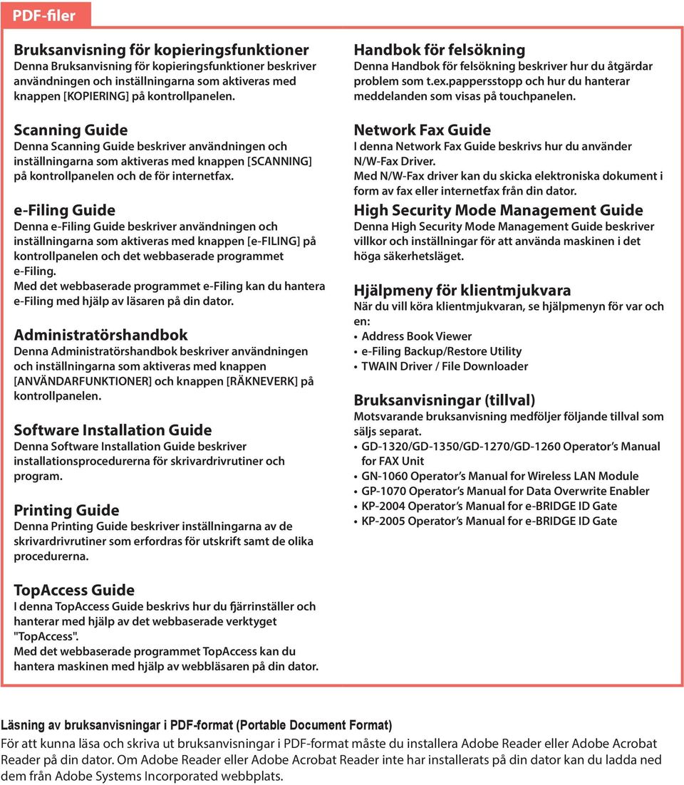 e-filing Guide Denna e-filing Guide beskriver användningen och inställningarna som aktiveras med knappen [e-filing] på kontrollpanelen och det webbaserade programmet e-filing.