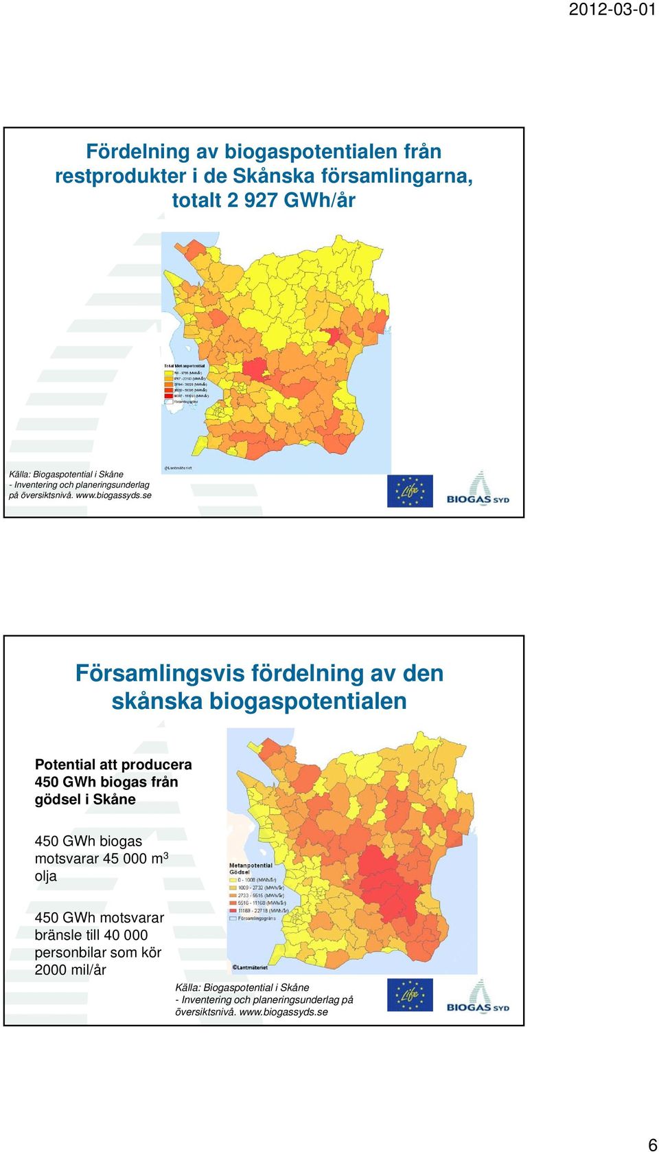 se Församlingsvis fördelning av den skånska biogaspotentialen Potential att producera 450 GWh biogas från gödsel i Skåne 450 GWh