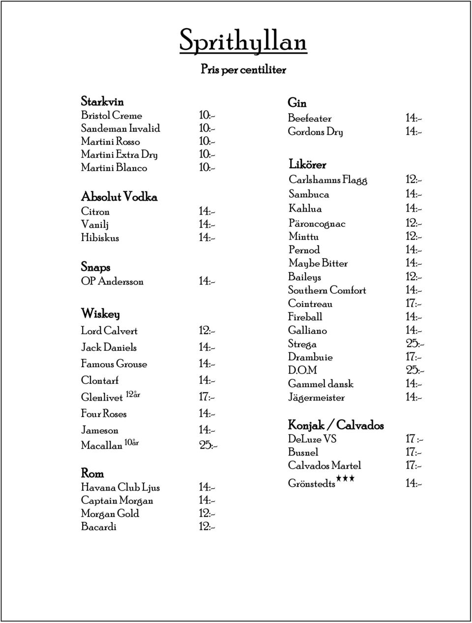 Captain Morgan 14:- Morgan Gold 12:- Bacardi 12:- Gin Beefeater 14:- Gordons Dry 14:- Likörer Carlshamns Flagg 12:- Sambuca 14:- Kahlua 14:- Päroncognac 12:- Minttu 12:- Pernod 14:- Maybe Bitter 14:-