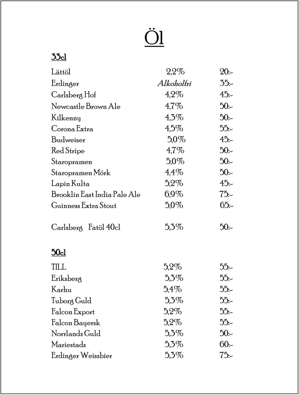 India Pale Ale 6,9% 75:- Guinness Extra Stout 5,0% 65:- Carlsberg Fatöl 40cl 5,3% 50:- 50cl TILL 5,2% 55:- Eriksberg 5,3% 55:- Karhu 5,4%