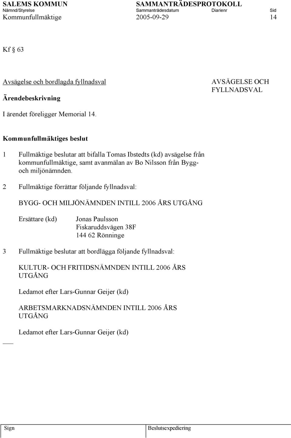 2 Fullmäktige förrättar följande fyllnadsval: BYGG- OCH MILJÖNÄMNDEN INTILL 2006 ÅRS UTGÅNG Ersättare (kd) Jonas Paulsson Fiskaruddsvägen 38F 144 62 Rönninge 3