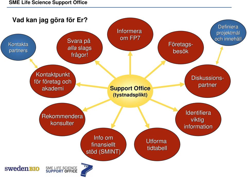 Informera om FP7 Företags- besök Definiera projektmål och innehåll Kontaktpunkt för r