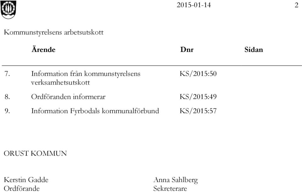 KS/2015:50 8. Ordföranden informerar KS/2015:49 9.