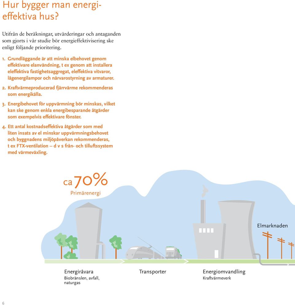 2. Kraftvärmeproducerad fjärrvärme rekommenderas som energikälla. 3. Energibehovet för uppvärmning bör minskas, vilket kan ske genom enkla energibesparande åtgärder som exempelvis effektivare fönster.