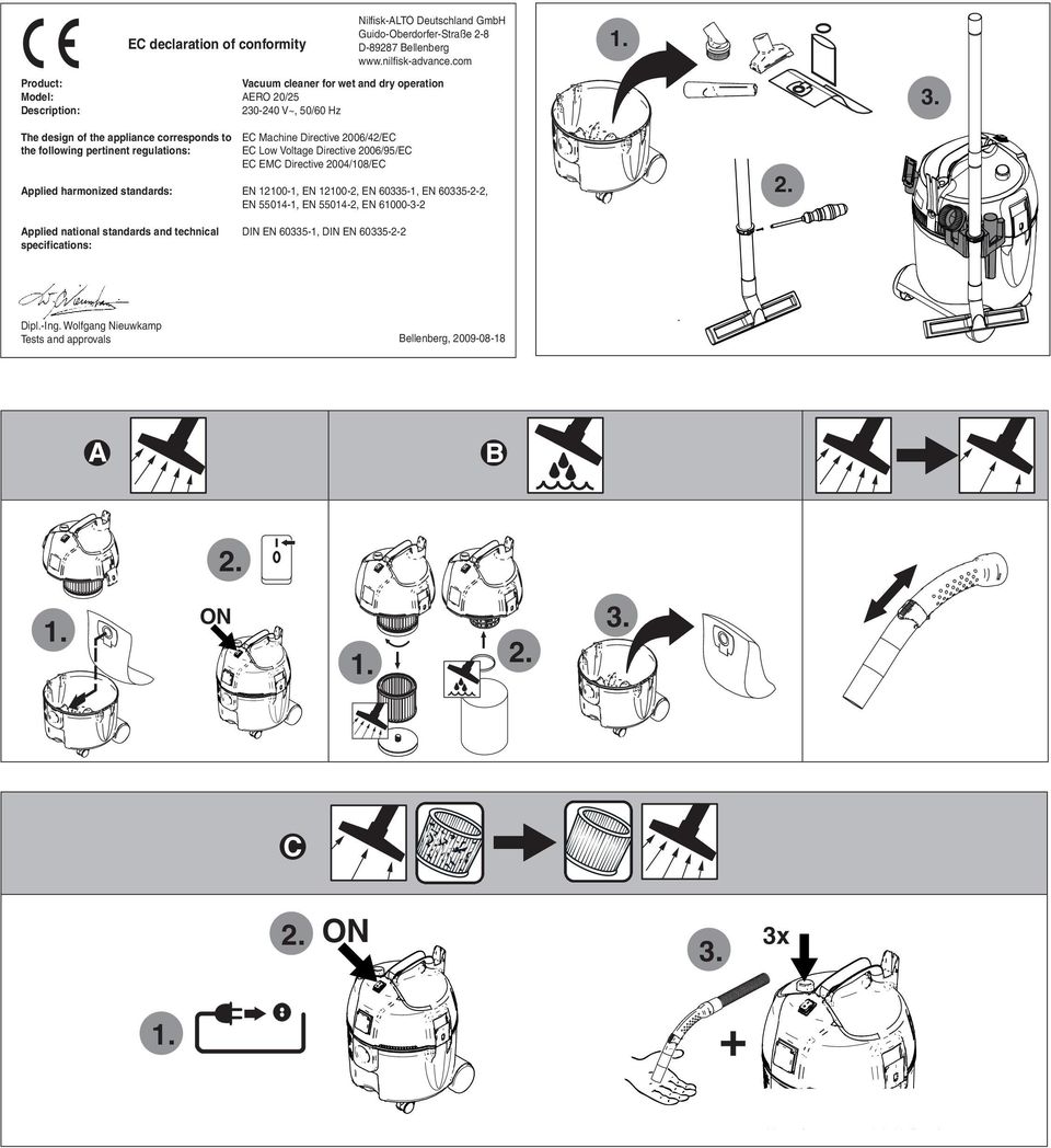 regulations: Applied harmonized standards: EC Machine Directive 2006/42/EC EC Low Voltage Directive 2006/95/EC EC EMC Directive 2004/108/EC EN 12100-1, EN 12100-2, EN 60335-1,