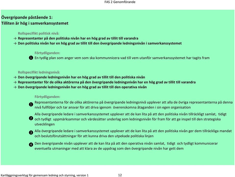 ledningsnivån har en hög grad av tillit till den politiska nivån Representanter för de olika aktörerna på den övergripande ledningsnivån har en hög grad av tillit till varandra Den övergripande