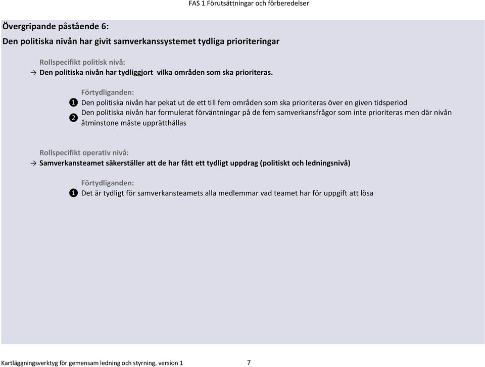 Den politiska nivån har pekat ut de ett till fem områden som ska prioriteras över en given tidsperiod Den politiska nivån har formulerat förväntningar på de fem samverkansfrågor som