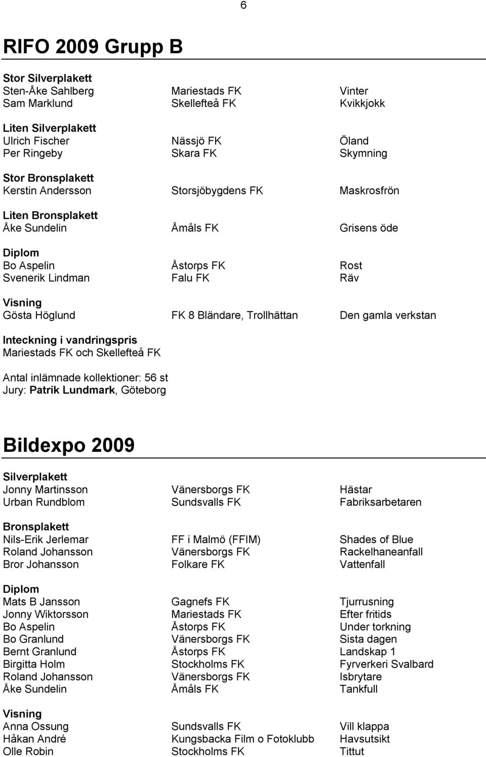 Höglund FK 8 Bländare, Trollhättan Den gamla verkstan Inteckning i vandringspris Mariestads FK och Skellefteå FK Antal inlämnade kollektioner: 56 st Jury: Patrik Lundmark, Göteborg Bildexpo 2009