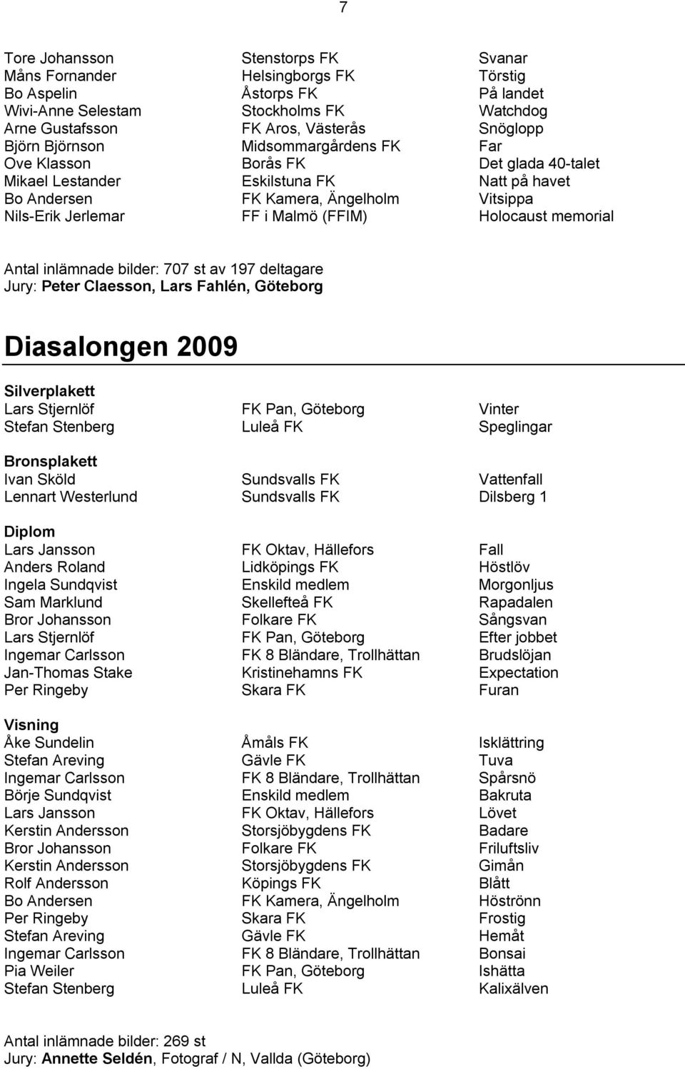 Holocaust memorial Antal inlämnade bilder: 707 st av 197 deltagare Jury: Peter Claesson, Lars Fahlén, Göteborg Diasalongen 2009 Silverplakett Lars Stjernlöf FK Pan, Göteborg Vinter Stefan Stenberg