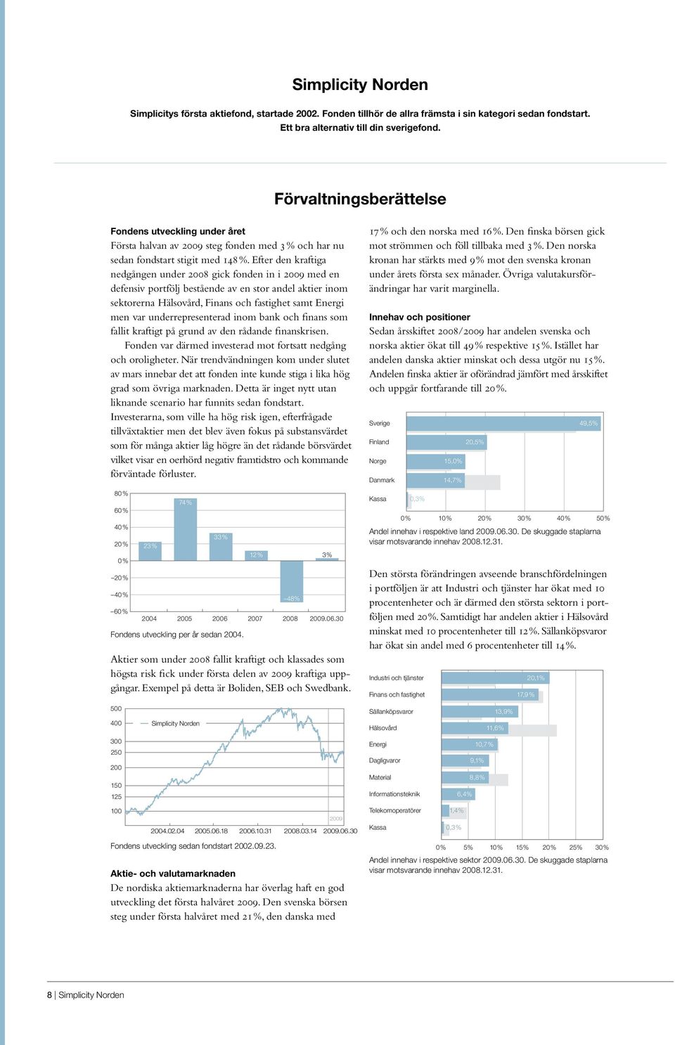 Efter den kraftiga nedgången under 2008 gick fonden in i 2009 med en defensiv portfölj bestående av en stor andel aktier inom sektorerna Hälsovård, Finans och fastighet samt Energi men var