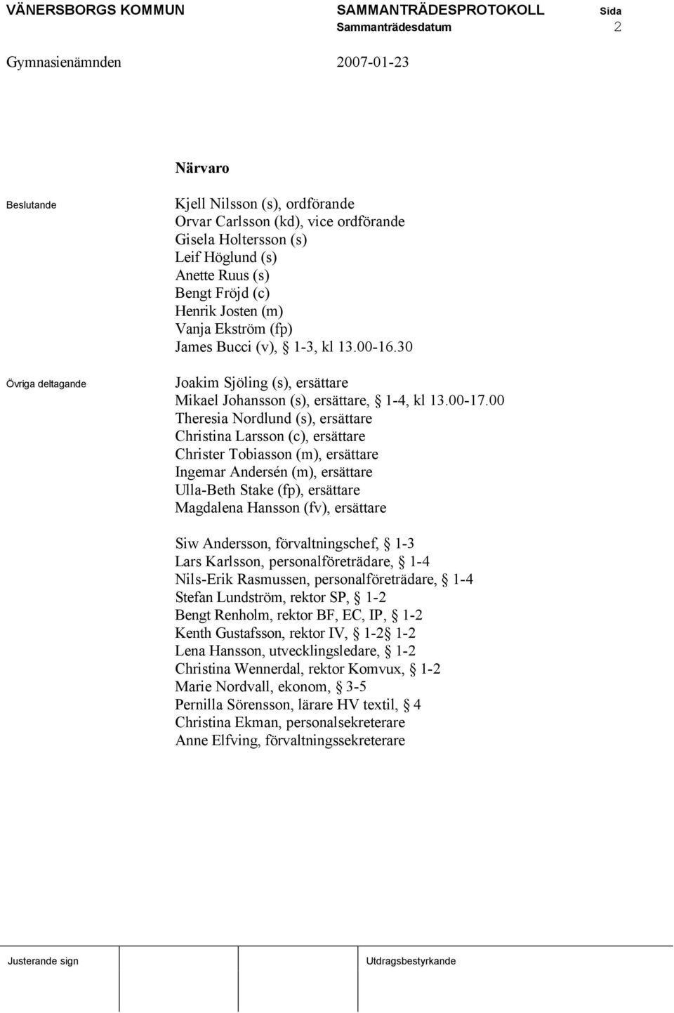 00 Theresia Nordlund (s), ersättare Christina Larsson (c), ersättare Christer Tobiasson (m), ersättare Ingemar Andersén (m), ersättare Ulla-Beth Stake (fp), ersättare Magdalena Hansson (fv),