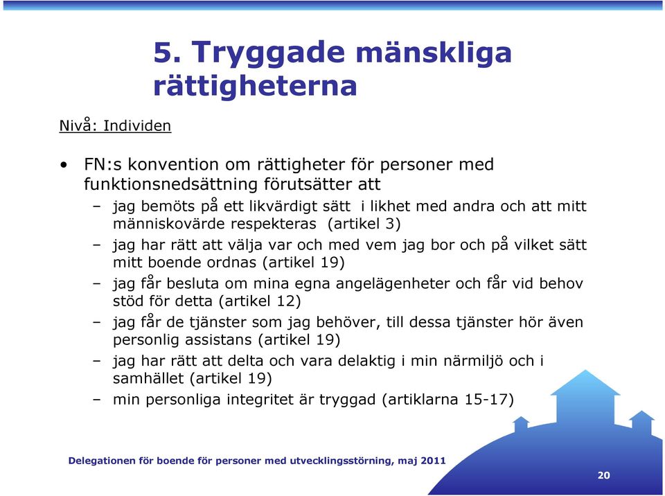 andra och att mitt människovärde respekteras (artikel 3) jag har rätt att välja var och med vem jag bor och på vilket sätt mitt boende ordnas (artikel 19) jag får