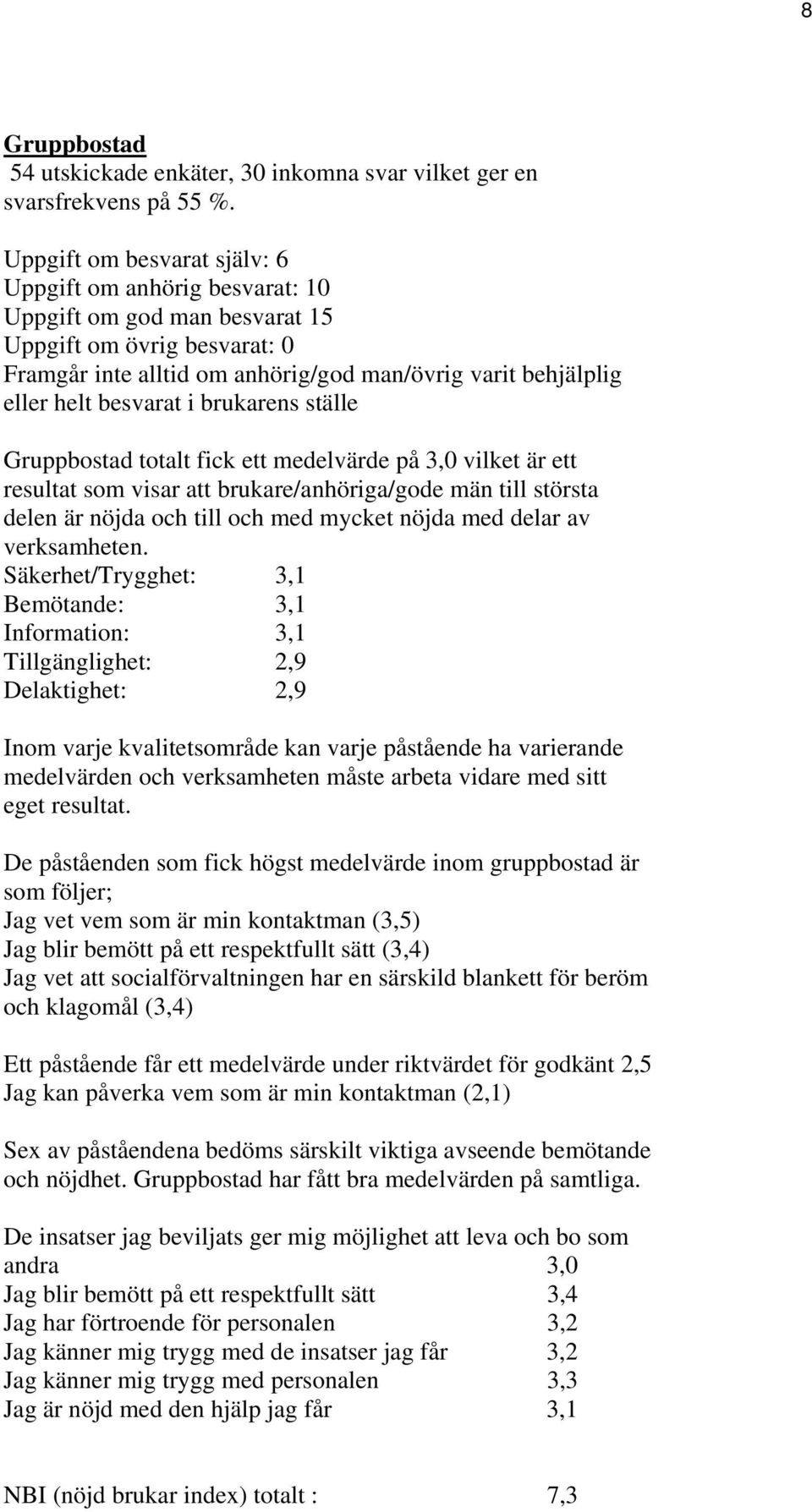 besvarat i brukarens ställe Gruppbostad totalt fick ett medelvärde på 3,0 vilket är ett resultat som visar att brukare/anhöriga/gode män till största delen är nöjda och till och med mycket nöjda med